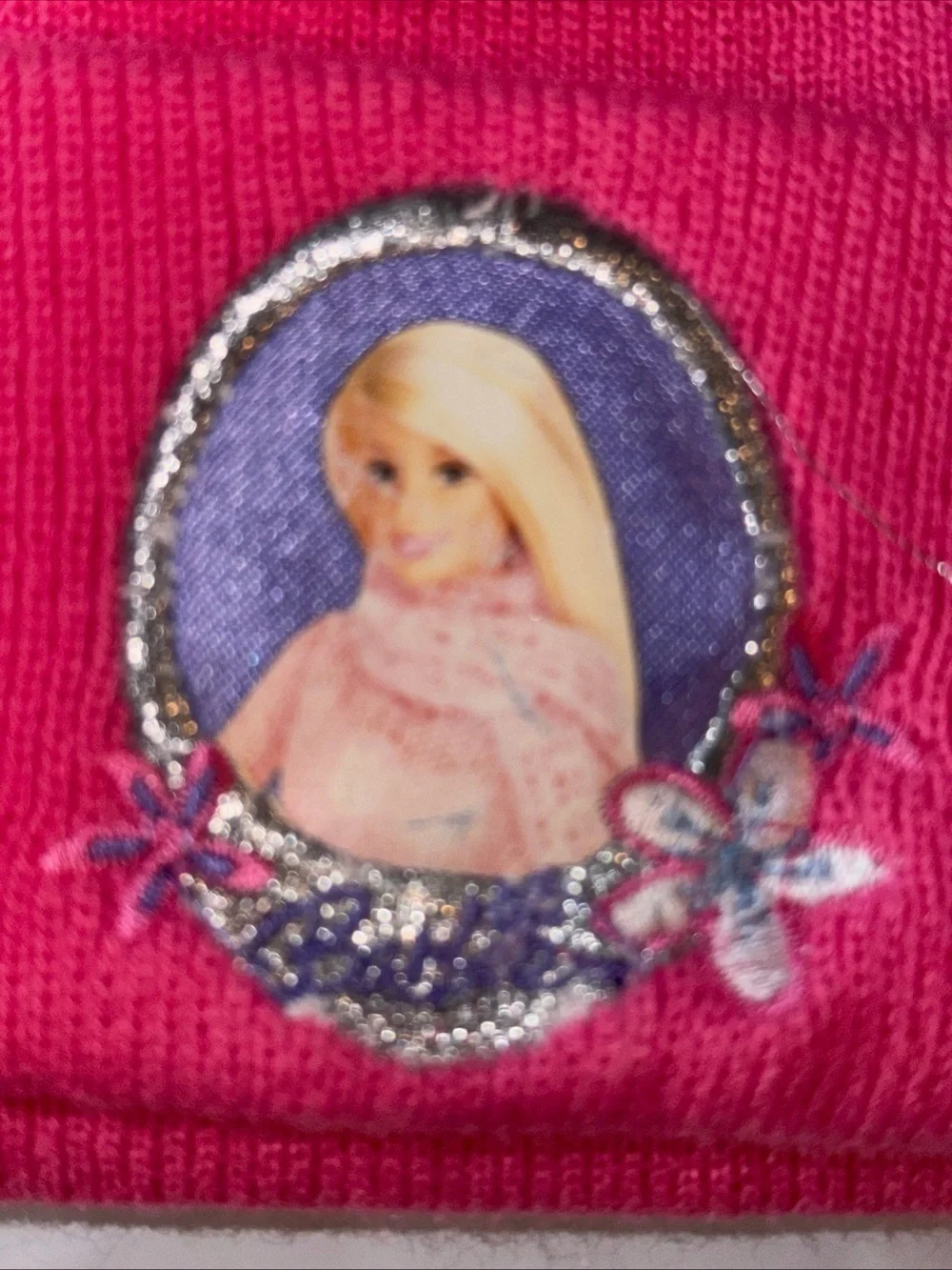 NEW PINK Barbie Beanie HAT Barbie doll Embroided On Front Acrylic One size Girls